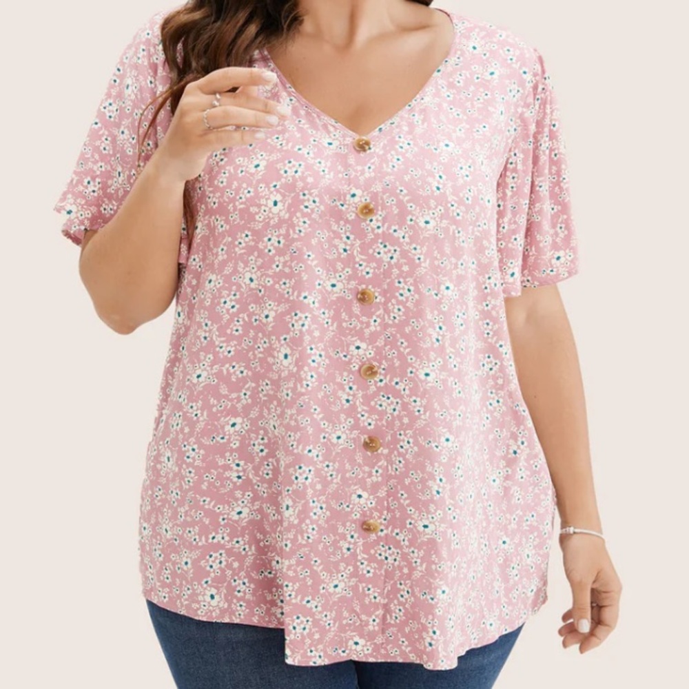 Ditsy Floral Contrast Ruffle Sleeve Button Detail Blouse size 26